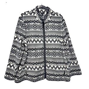Talbots Womens Fleece Jacket 2X Black White Southwestern Fair Isle Zip Geo NWOT